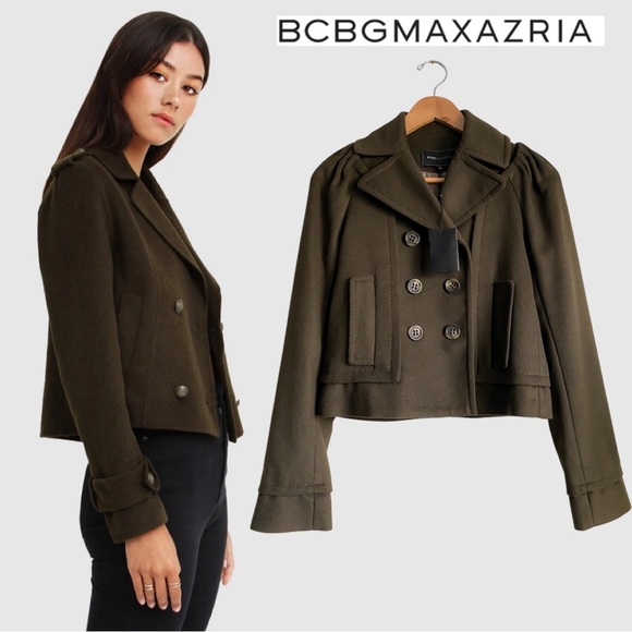 BCBGMaxAzria Jackets & Blazers - BCBG BCBGMAXAZRIA Olive Green Oversized Peacoat Double Breasted Blazer Wool Coat